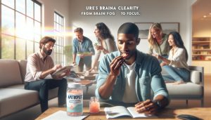 a man taking Apetropics One Chews at a cozy gathering, illustrating mental clarity and focus transformation.