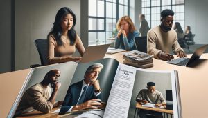 a group of professionals reviewing an open magazine featuring brain health and supplement articles, with laptops and books on a conference table.