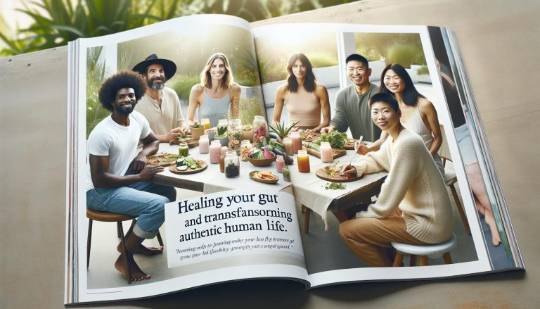 a group enjoying a healthy meal together at an outdoor table filled with nutrient-rich foods, emphasizing natural and wholesome gut health living.
