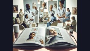 an open skincare product review book showcasing Dermalogica treatments, with before/after close-ups and professional consultations in the background