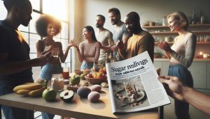 a group enjoying healthy snacks while a magazine titled "Sugar realings: Sugar addiction naturally" highlights natural craving control with fruits, nuts, and supplements.