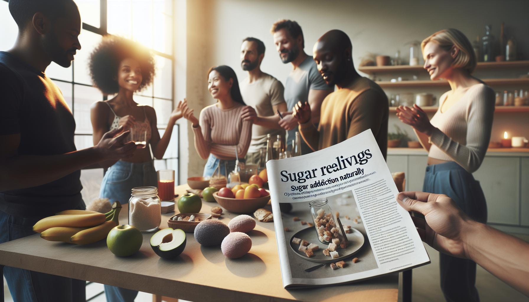a group enjoying healthy snacks while a magazine titled "Sugar realings: Sugar addiction naturally" highlights natural craving control with fruits, nuts, and supplements.