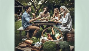 a group enjoying a wholesome outdoor meal with fresh vegetables, emphasizing natural, gut-friendly nutrition and holistic health.