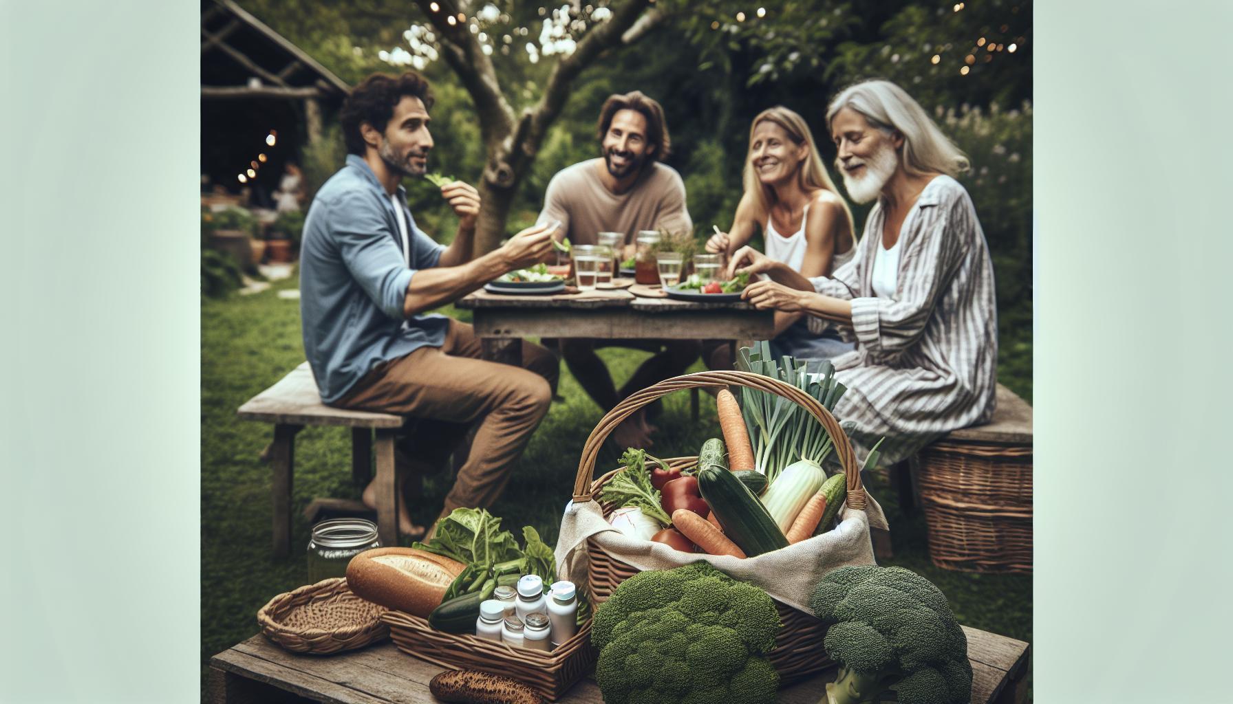 a group enjoying a wholesome outdoor meal with fresh vegetables, emphasizing natural, gut-friendly nutrition and holistic health.