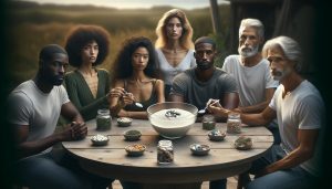 a group sitting around a table with bowls of supplements, vitamins, and jars of pills, suggesting a wellness or nutrition discussion.