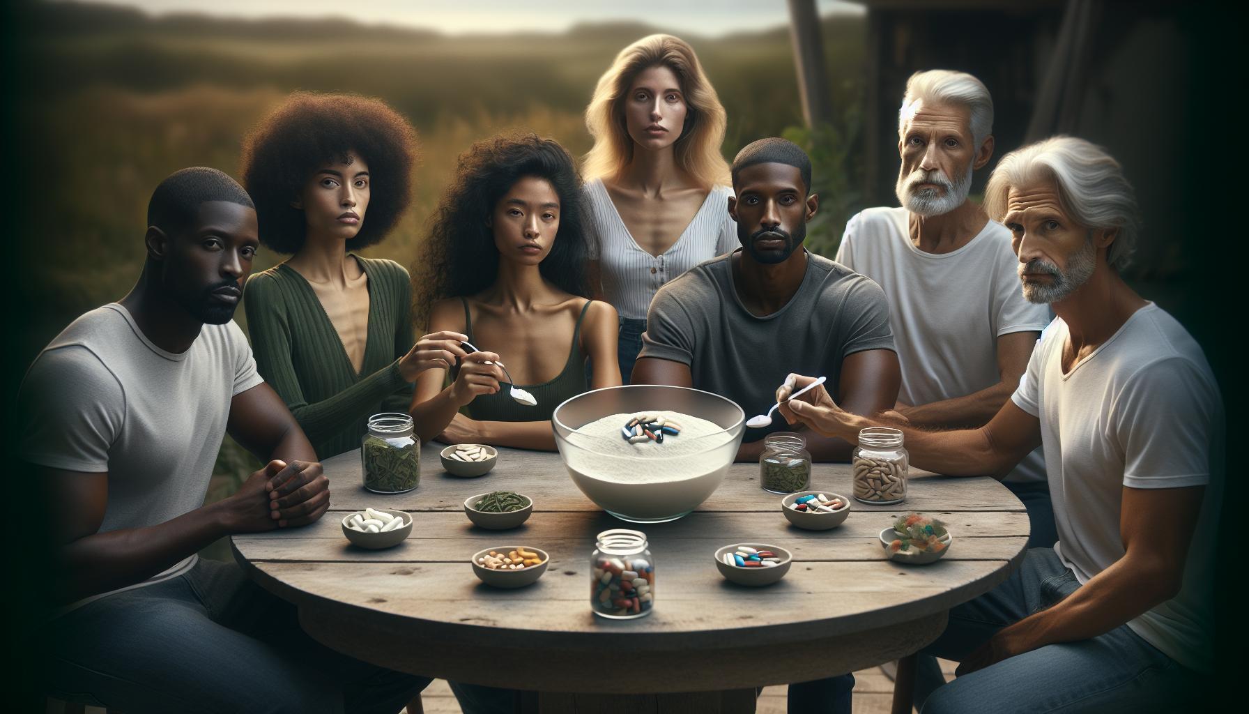 a group sitting around a table with bowls of supplements, vitamins, and jars of pills, suggesting a wellness or nutrition discussion.