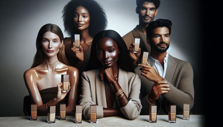 four diverse individuals holding Il Makiage foundation bottles, showcasing shade matching for a flawless complexion.