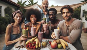 a group of five people smiling while holding nutrient-dense smoothies with fresh fruit, enjoying a healthy outdoor gathering with bowls of strawberries, bananas, and apples.