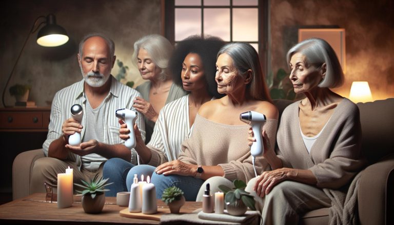 a group of seniors using at-home beauty tech devices like radio frequency skin rejuvenation tools for anti-aging.