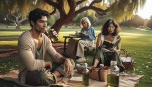a man enjoying a refreshing ready-to-drink iced tea outdoors with two elderly women reading nearby, surrounded by a picnic setup with bottles and jars.