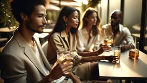 a group enjoying elegant aperitif drinks at a stylish bar, showcasing refined alcohol-free beverage presentation.