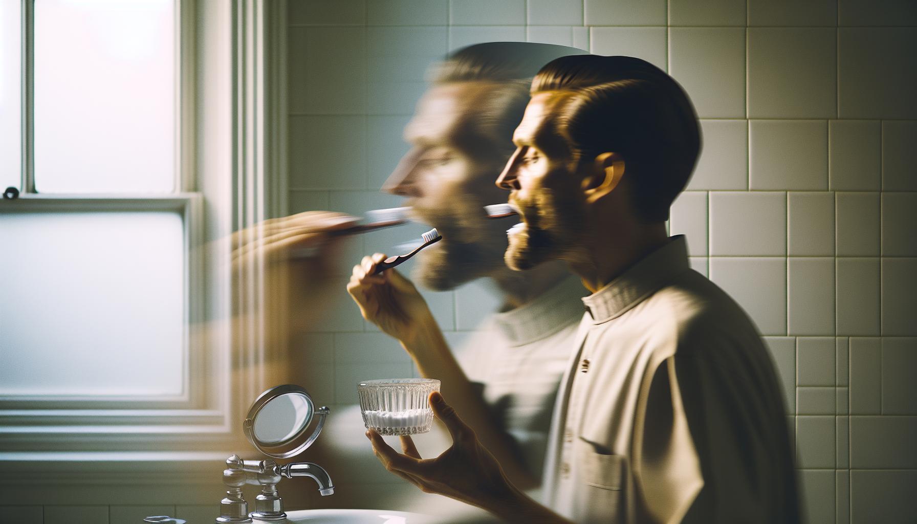 a man brushing teeth with a glass of water, holding a toothbrush near his mouth in a bathroom mirror reflection.