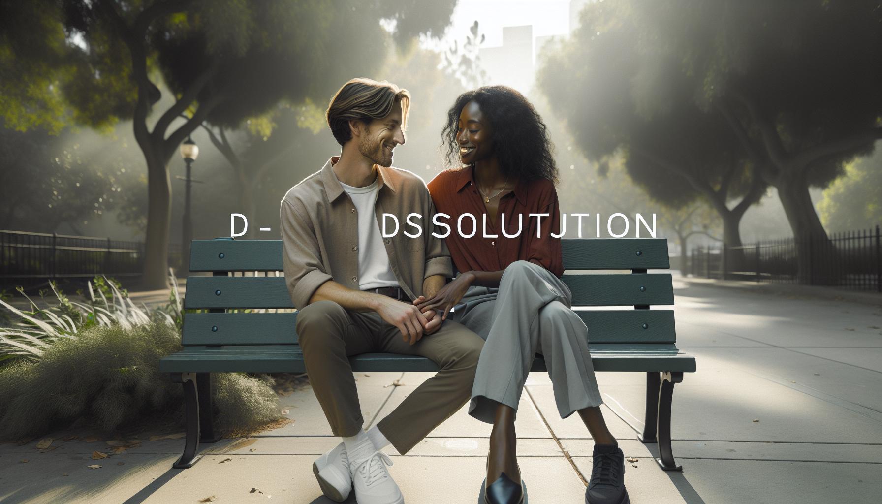 a couple sitting closely on a park bench during a serene moment, smiling and holding hands.