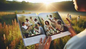 a person reading an open magazine featuring a group using natural herbal products and serums in a serene outdoor setting.