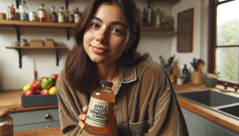 a smiling person holding a bottle of Goli Apple Cider Vinegar Gummies in a cozy kitchen setting.