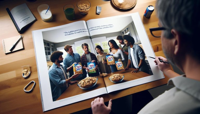 a person reviewing an open magazine spread showing a group enjoying Chex Mix at a kitchen table with bowls of the snack, boxes, and ingredients visible.