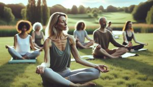 a group of people practicing meditation outdoors in a serene natural setting, sitting cross-legged on yoga mats with hands in a relaxed mudra pose.