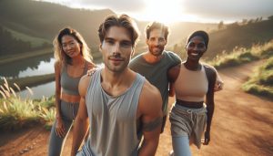 four smiling individuals outdoors in athletic wear, hiking near a scenic lake and hills at sunset