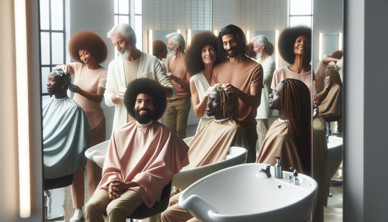 a diverse group receiving personalized hair care services, showcasing various hair textures and styles in a modern salon setting.