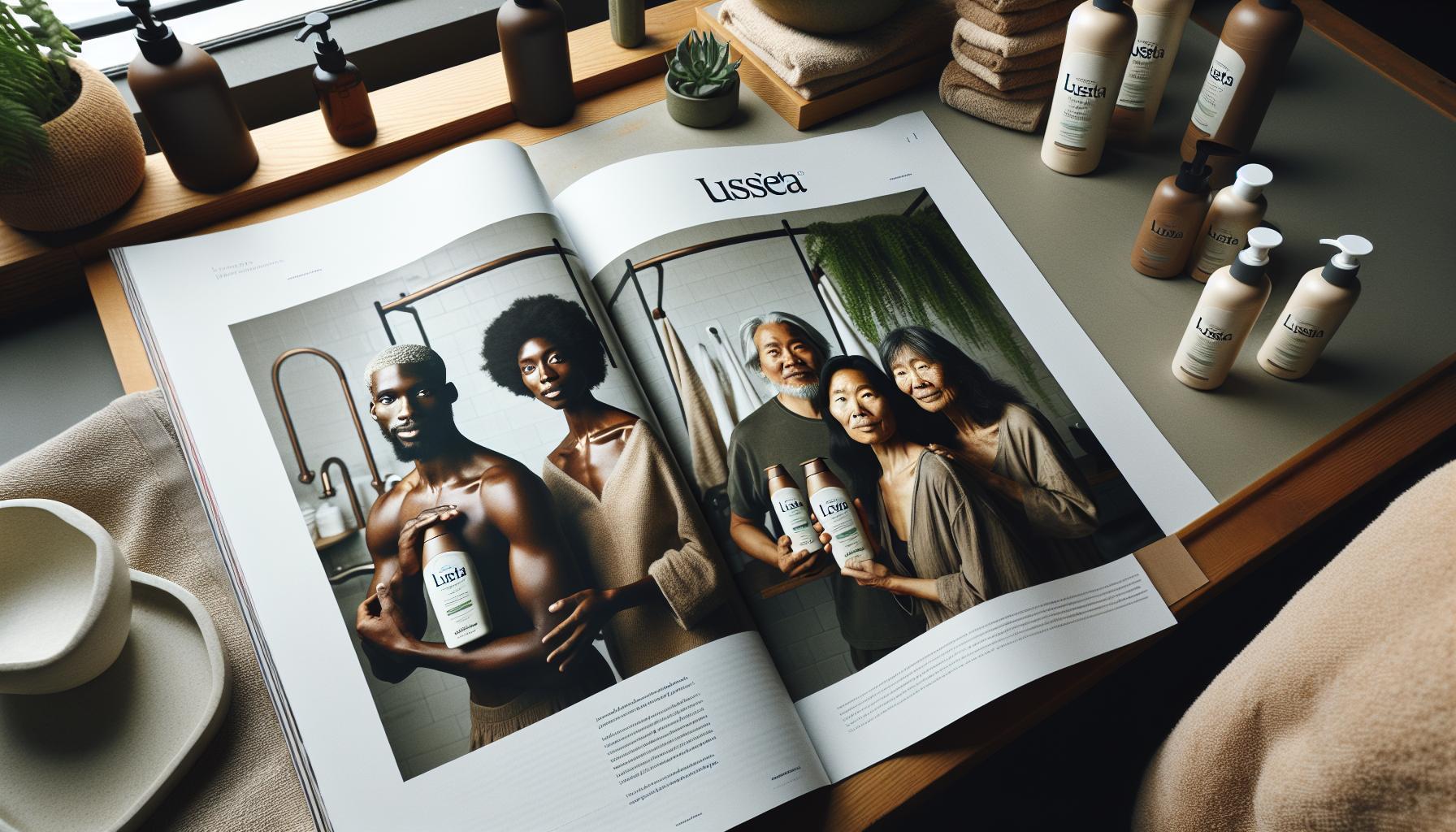 an open magazine spread featuring Luseta sulfate-free shampoo bottles held by diverse individuals, showcasing a gentle formula for salon-quality hair care.