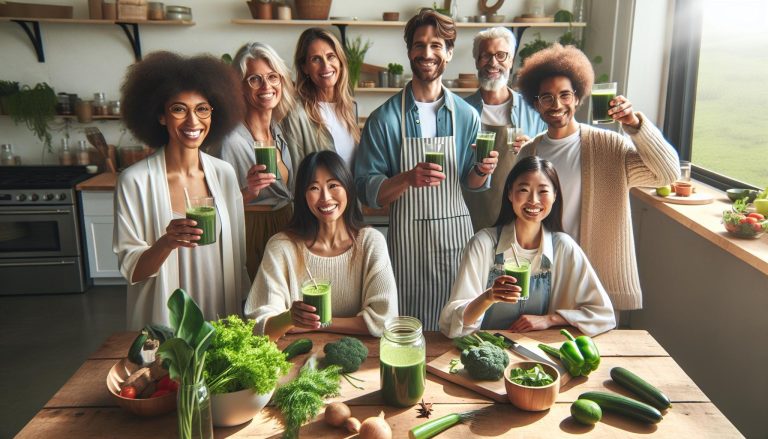 a cheerful group toasting with fresh homemade greens smoothies surrounded by nutrient-rich vegetables like cucumbers, broccoli, and celery in a bright kitchen.