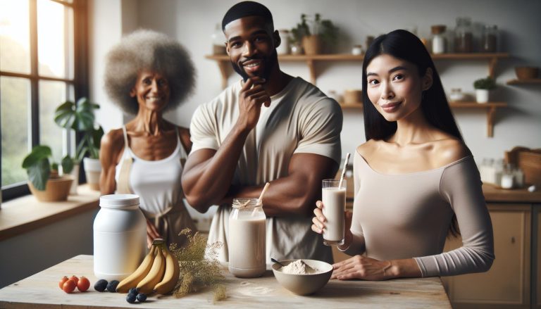 a happy trio in a bright kitchen holding smoothies, surrounded by plant-based ingredients like bananas, berries, and a jar of organic vegan protein powder.