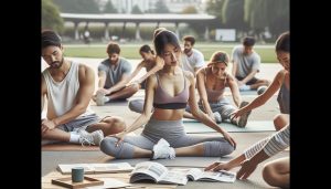 a group practicing yoga stretches outdoors, focusing on digestive comfort and relaxation for natural bloating relief.