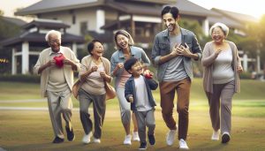 a joyful multi-generational family walking outdoors holding heart-shaped items, smiling and enjoying a sunny day together.
