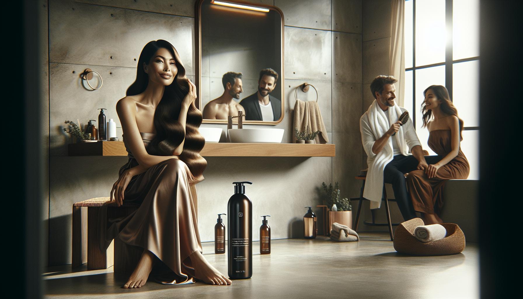 a woman enjoying salon-quality hair care with Nexxus shampoo in a modern bathroom setting, surrounded by hair nourishment products.