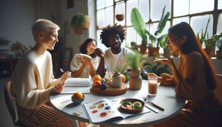 a group of four people happily sharing a meal at a bright, plant-filled table with fresh fruit, drinks, and a recipe book on gut-skin wellness.