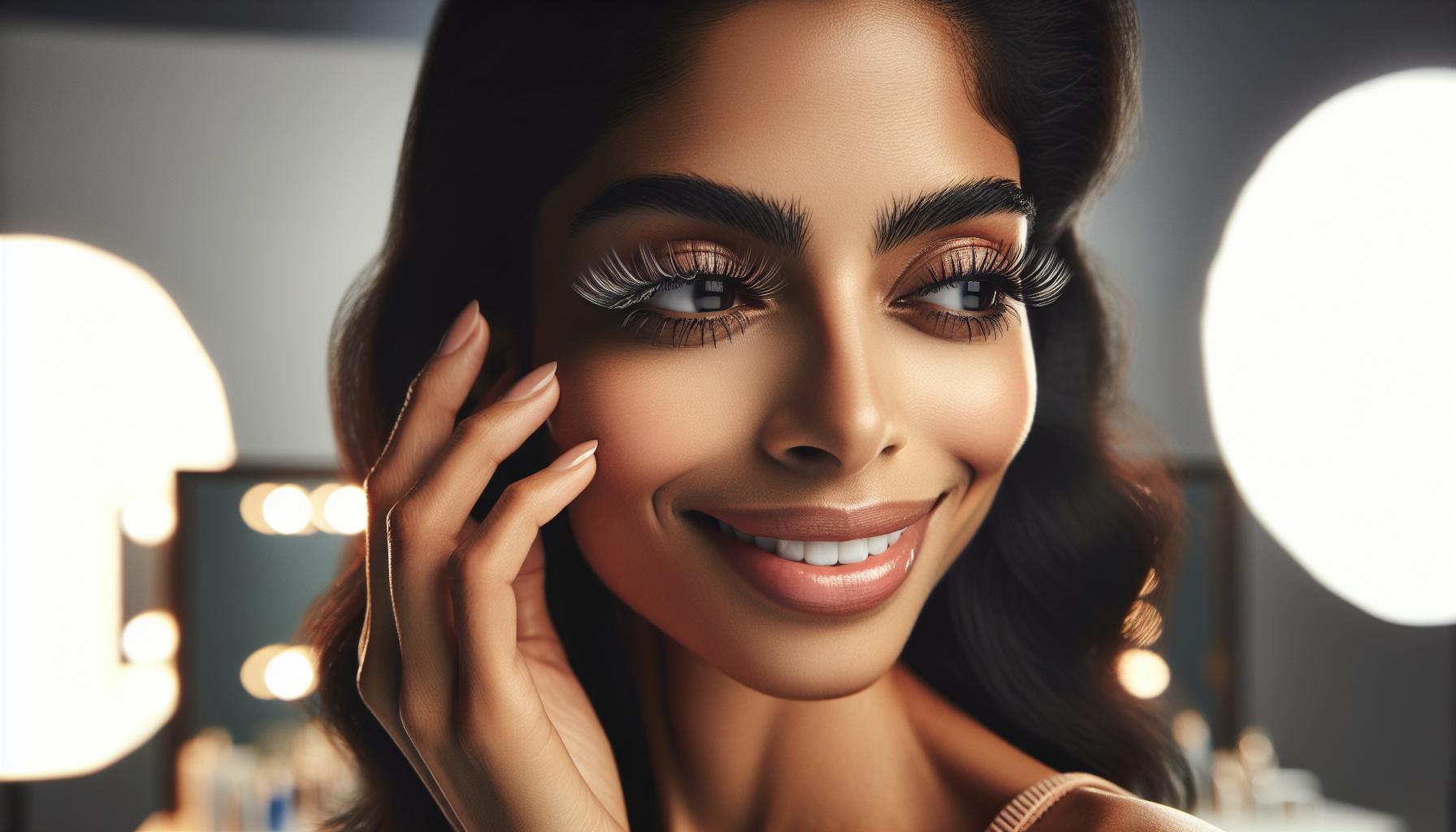 a smiling woman with enhanced eyelashes applying or reviewing a lash serum under bright makeup lighting