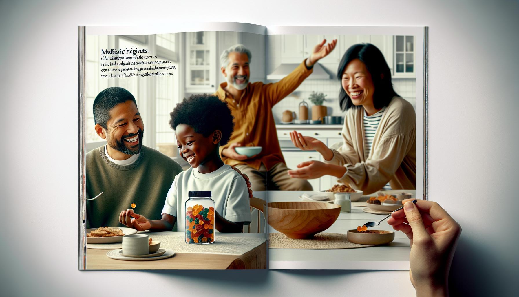 a happy family enjoying a meal together at a table with a jar of colorful kid-friendly gummies, illustrating a cheerful kids health routine.