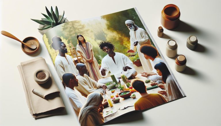 a diverse group sharing a communal meal with nutrient-dense foods, herbal elements, and wellness-focused ingredients.