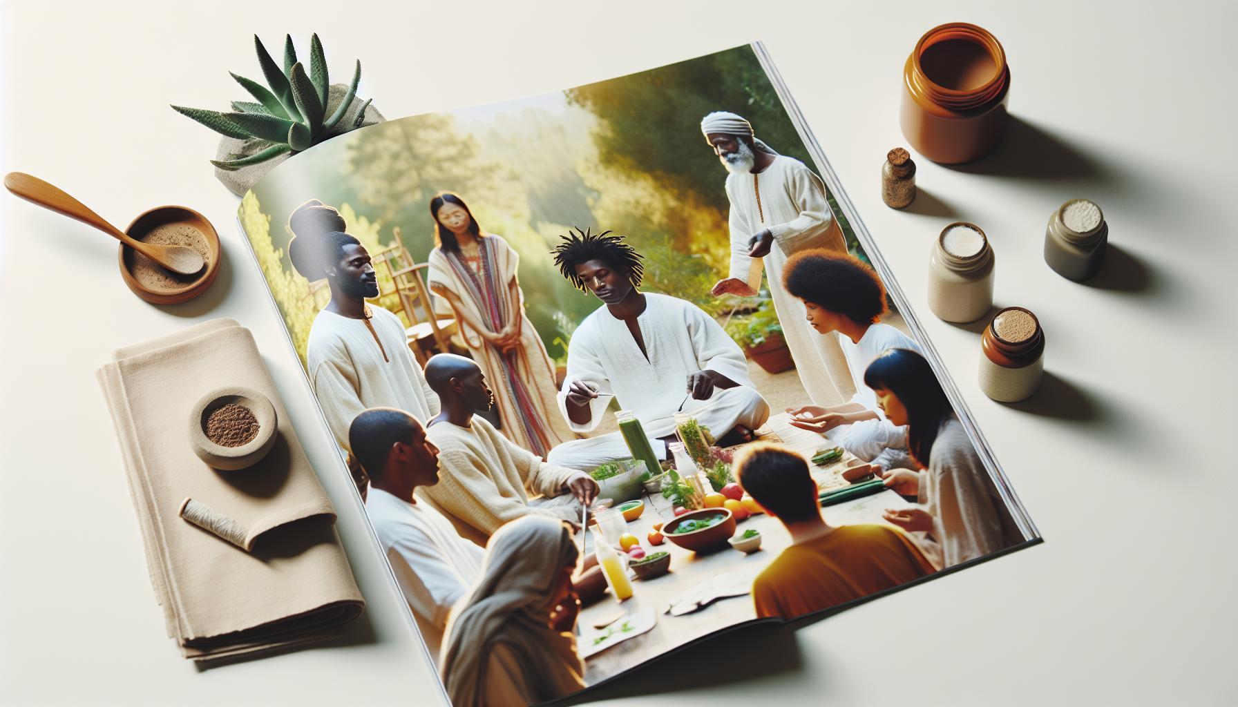 a diverse group sharing a communal meal with nutrient-dense foods, herbal elements, and wellness-focused ingredients.