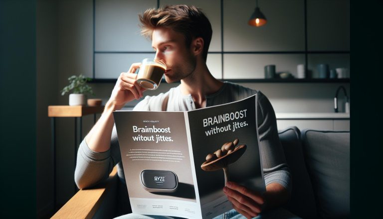 a man holding a magazine ad for Ryze mushroom coffee, sipping coffee while reading "Brainboost without jitters" text.