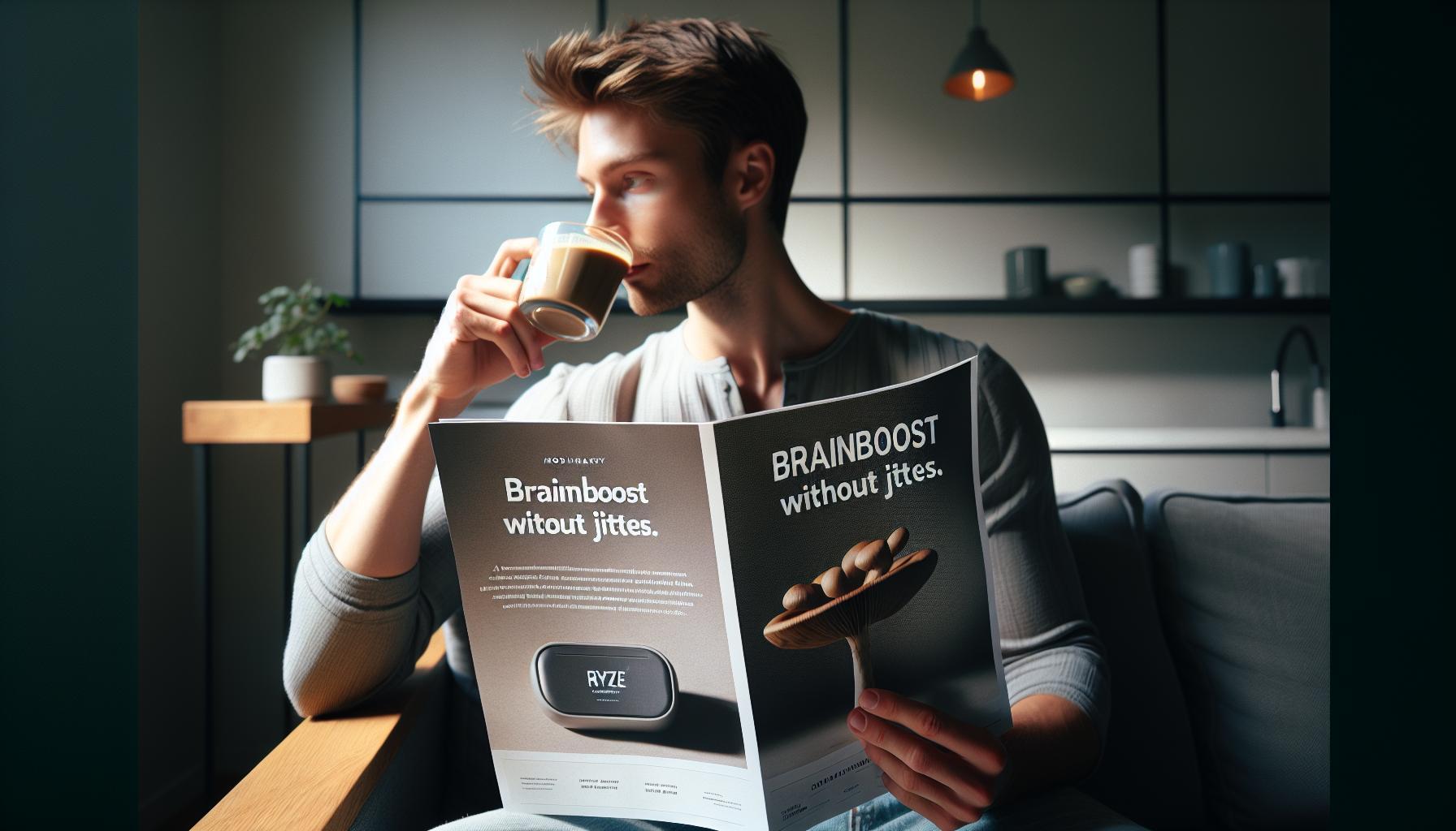a man holding a magazine ad for Ryze mushroom coffee, sipping coffee while reading "Brainboost without jitters" text.