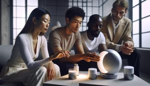 a group reviewing futuristic smart skincare devices with glowing light therapy features on a modern table.