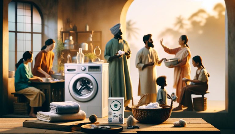 a family transitioning from traditional laundry methods to using Earth Breeze’s eco-friendly washing machine with biodegradable detergent, showcasing sustainable laundry practices.