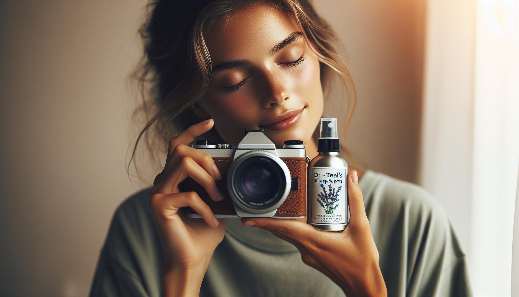 a person holding a vintage camera and a bottle of lavender mist spray, smiling peacefully with eyes closed.