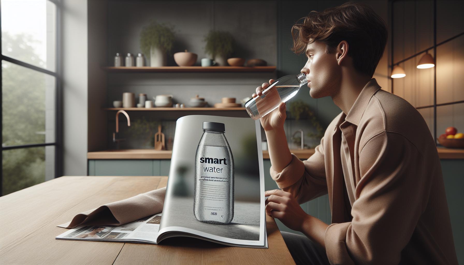 a person drinking from a Smartwater bottle while reading a magazine in a modern kitchen setting.