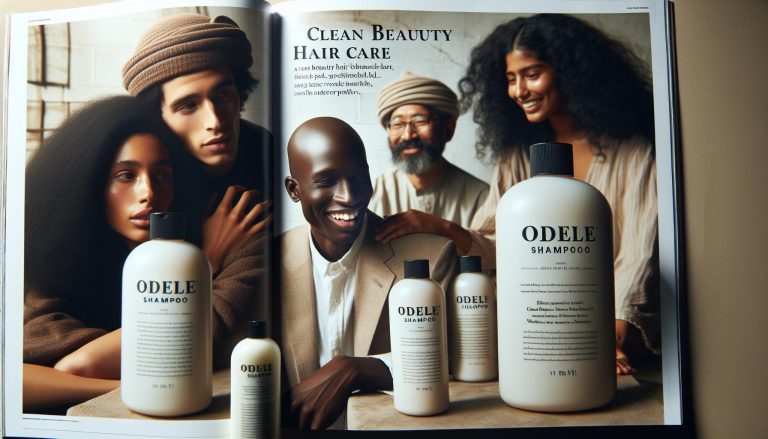 a magazine spread showcasing Odele shampoo bottles with diverse individuals highlighting clean beauty hair care.