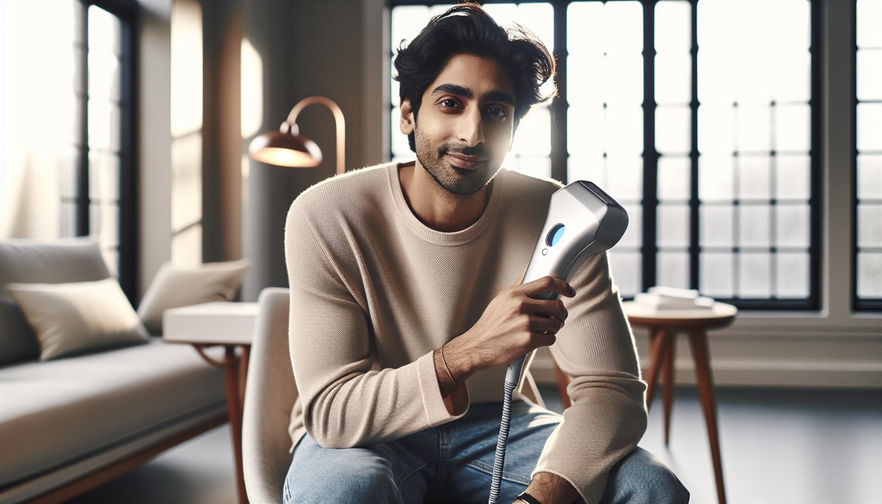 a man using an FDA-cleared laser hair growth device at home for non-invasive hair restoration.