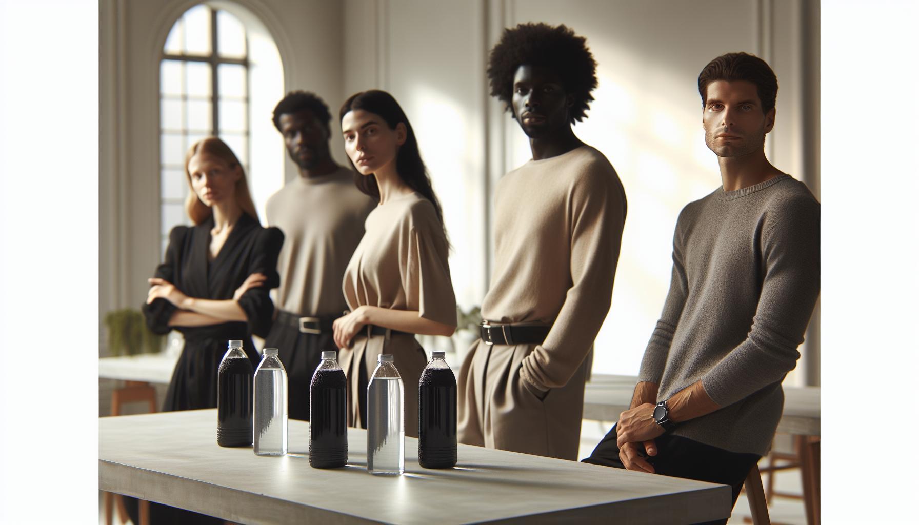 a group of four people posing near a table with bottles of dark-colored bottled water, possibly alkaline or mineral-infused, in a professional setting.