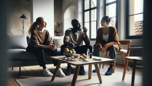 three people sitting indoors discussing while a small table holds snacks, water, and a tape measure, suggesting a conversation about weight loss and health.