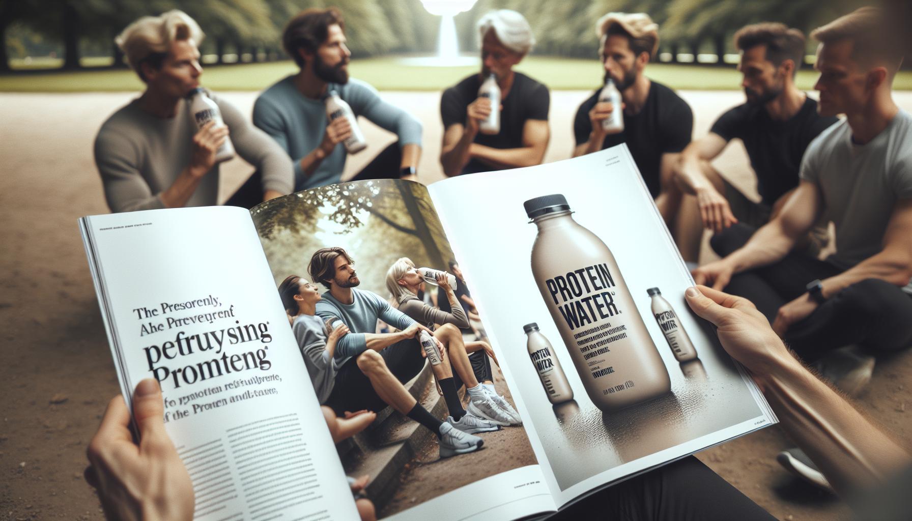 a group reviewing an open magazine featuring Seeq protein water ads with bottles, workout scenes, and text about protein water benefits.
