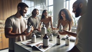 a group of people joyfully sharing and discussing Momentous Supplements bottles and wellness products on a kitchen counter.