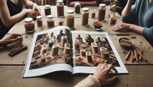 a group studying an open book showcasing different types of cinnamon varieties, jars of spices, cinnamon sticks, and related health benefits with people examining cassia and ceylon cinnamon samples.