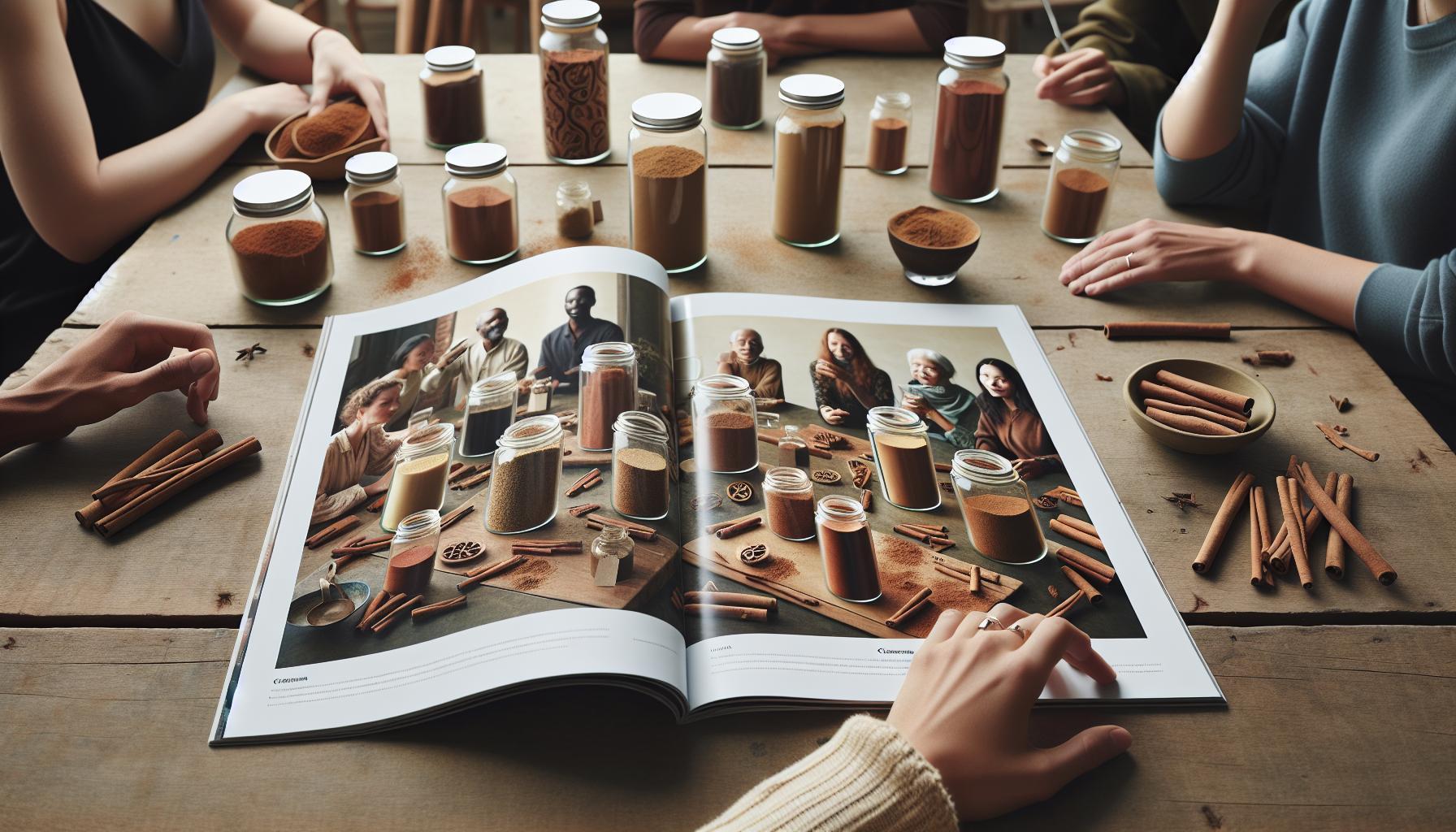 a group studying an open book showcasing different types of cinnamon varieties, jars of spices, cinnamon sticks, and related health benefits with people examining cassia and ceylon cinnamon samples.