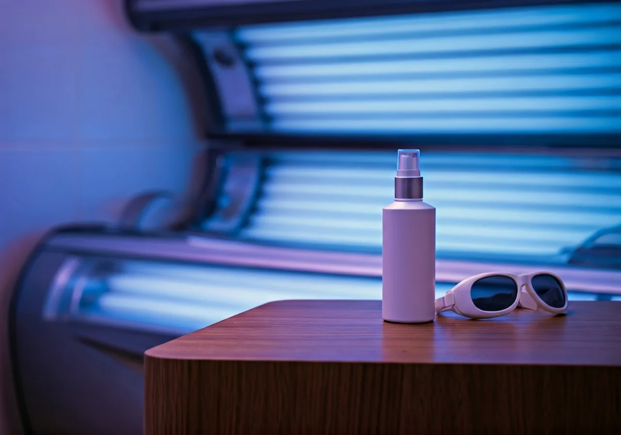 A modern indoor tanning bed with accelerator lotion and protective goggles.