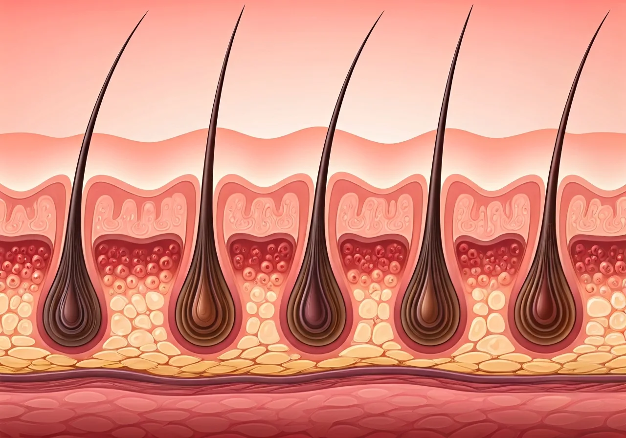 Illustration of a hair follicle showing pheomelanin pigment causing red hair